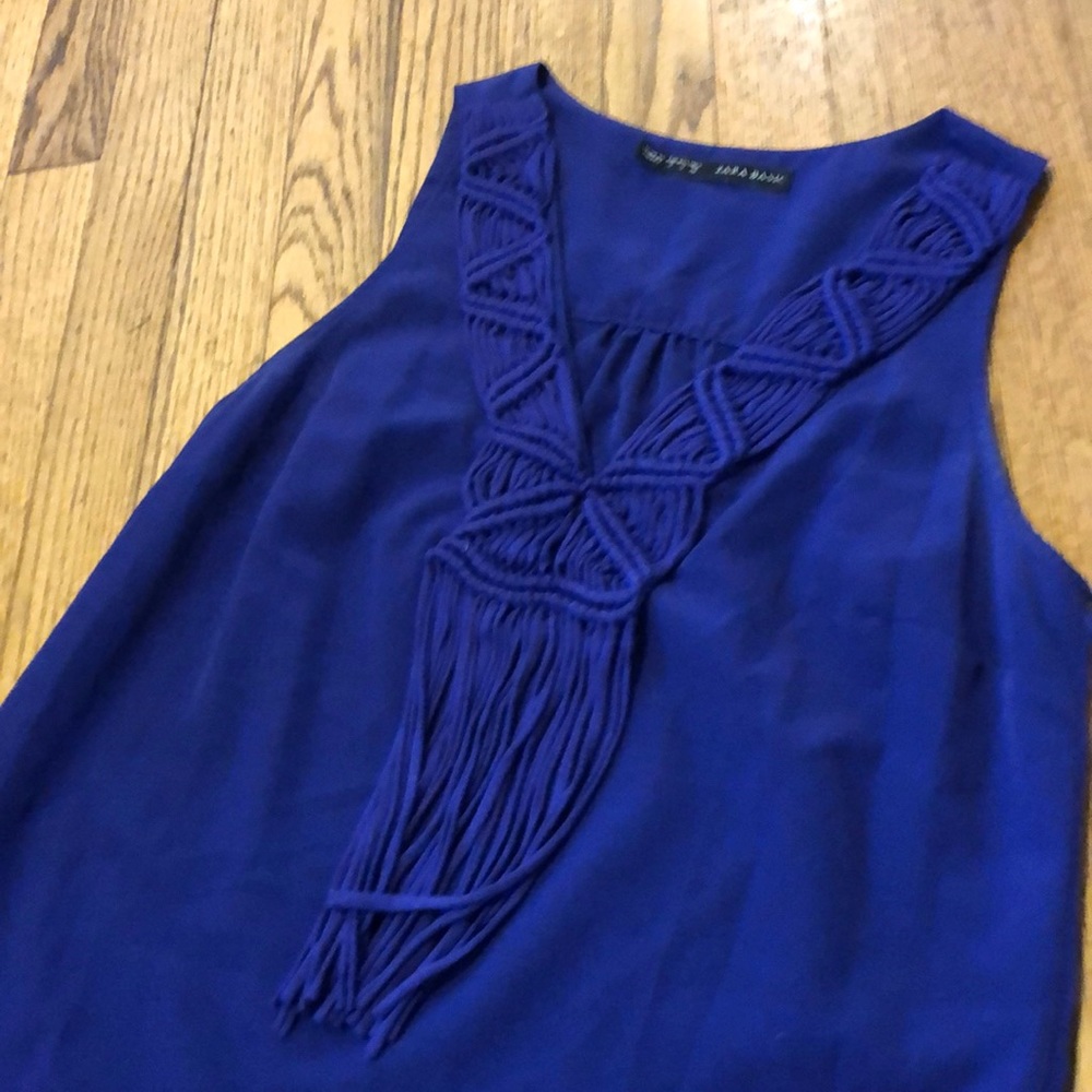 Zara cobalt shift dress w/ macrame fringe neckline